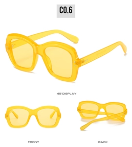 Detailed multi-angle views of trendy translucent yellow square frame sunglasses