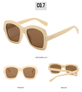 Multi-angle view of cream square sunglasses with brown lenses and silver studs