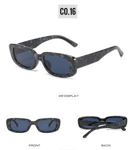 Three-view display of blue marble pattern square sunglasses with deep blue lenses