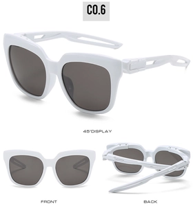 Detailansicht der weißen quadratischen Sonnenbrille mit hohlen Bügeln und grauen Gläsern