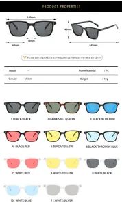 Detailed size chart and multi-color options for classic vintage square sunglasses in PC