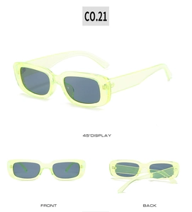 Three-way view of trendy rectangular sunglasses in neon green with grey lenses