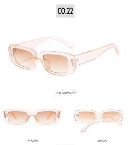 Three perspectives of trendy rectangle sunglasses with transparent pink frame and gradient lens