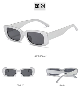 Multiple views of silver square frame sunglasses showing front side and back angles