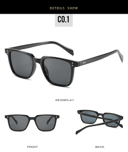 Classic square black sunglasses with silver rivet accents and dark grey lenses in three views