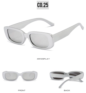 Three-angle view of silver rectangle sunglasses showing front, back, and 45-degree side details