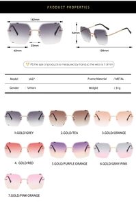 Detailed size chart and specifications for frameless gradient lens sunglasses with chain temples