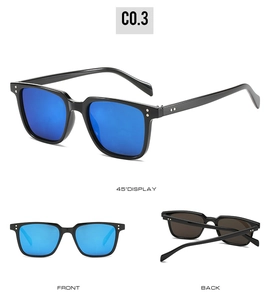 Detailed views of vintage square sunglasses with black frame and blue mirrored lenses