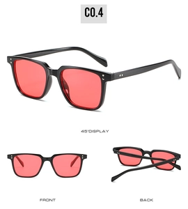 Classic square sunglasses with black frames, red mirrored lenses, and silver rivets