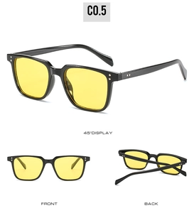 Detailed three-way view of retro square sunglasses with black frame and yellow lenses