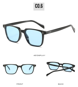 Close-up of classic black square sunglasses featuring light blue lenses and silver rivets