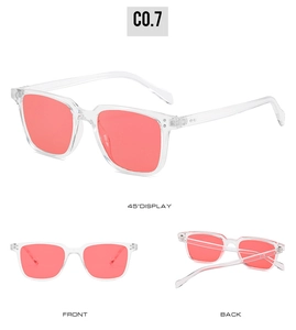 Classic square frame sunglasses with transparent white frames and coral pink lenses