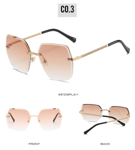 Detailed multi-angle views of rimless square sunglasses with golden chain temples