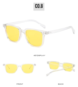 Classic square retro sunglasses with yellow lenses shown in front, back and side views