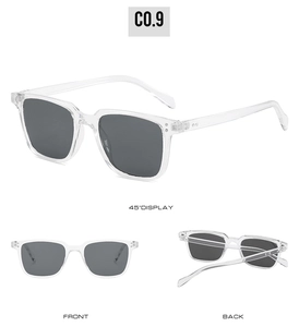 Three-angle view of white square frame sunglasses with silver metal accents and dark lenses