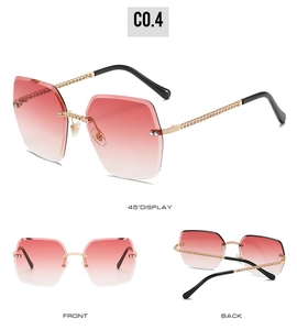 Three-way view of rimless square sunglasses with pink gradient lenses and chain detail