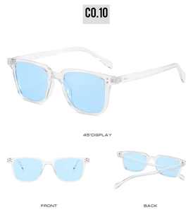 Multi-angle views of square frame sunglasses with transparent blue lenses and TR90 build