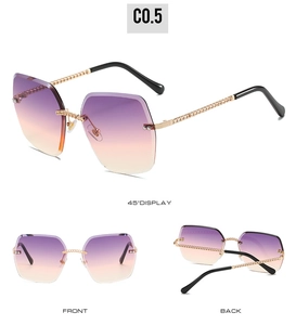 Front and back views of rimless square sunglasses with gold metal chain arms and gradient lenses