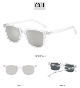 Three-angle view of clear square frame sunglasses with silver mirrored lenses for details