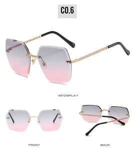 Multiple views of rimless square sunglasses with pink gradient lenses and gold chain temples