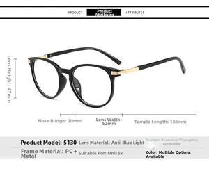 Detailed size chart for blue light blocking cat eye glasses with precise frame dimensions