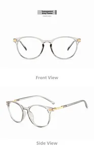 Detail view of transparent grey cat-eye frames with elegant gold metal hinge accents