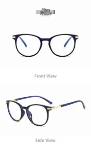 Cat eye blue transparent glasses frame with golden metal temples in front and side views