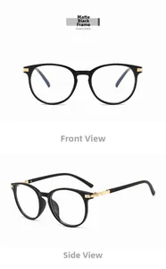 Detailed views of matte black cat-eye glasses frames with subtle gold metal accents