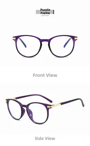 Detail view of purple round frame glasses showing front and 45-degree angle with gold metal