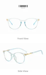 Front and side view of transparent blue cat-eye glasses with gold metal hinges