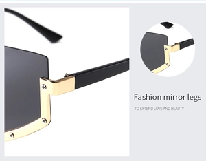 Detail of oversized frameless sunglasses featuring gold metal hinges and screw assembly