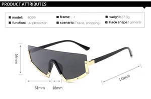 Detailed size chart and dimensions of oversized shield sunglasses with UV protection