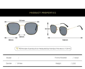 Guide des tailles de lunettes de soleil carrées en métal avec dimensions précises