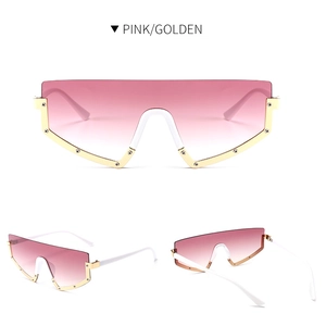 Detailed views of pink gradient oversized sunglasses with white frames and golden rivets