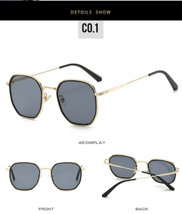 Détail de lunettes de soleil carrées en métal doré avec verres hexagonaux gris en vues multiples