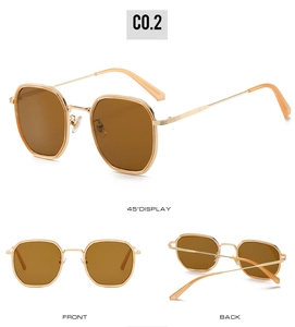 Détail des lunettes de soleil carrées dorées avec verres bruns sous plusieurs angles