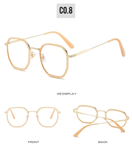 Vue en trois angles de lunettes de soleil carrées dorées avec branches métalliques