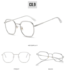 Vues détaillées multi-angles de lunettes hexagonales en métal argenté avec verres clairs