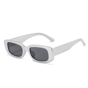 Fashionable rectangle frame sunglasses in matte silver with dark gray lenses for women
