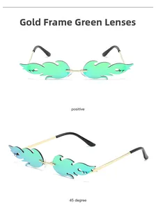 Vue détaillée des lunettes de soleil en forme de flamme avec monture dorée et verres verts
