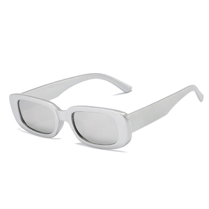 Modern rectangular sunglasses with silver-grey wide frames and light grey lenses