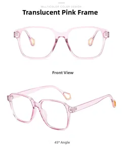 Detailansicht der transparenten rosa Brille mit großen Rahmen und Metallakzenten