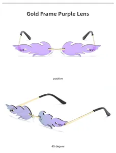 Détails des lunettes de soleil sans monture en forme de flamme avec monture dorée et verres violets