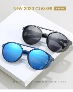 Detail view of steampunk sunglasses with side shields on white geometric display