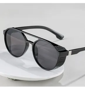 Steampunk black sunglasses with side shields and double bridge design on white tray