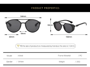 Detailed size chart for steampunk aviator sunglasses showing 144mm width and 53mm height