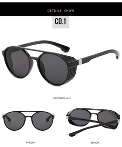 Detail view of steampunk sunglasses with side shield design and double bridge frame