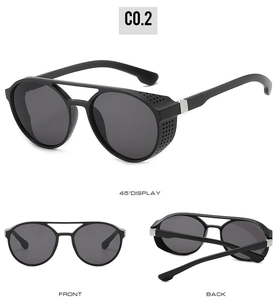 Three-view display of black steampunk sunglasses showing side shields and double bridge details