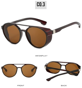 Detail view of steampunk round sunglasses in C0.3 tea lens with side shield and double bridge