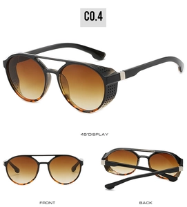 Steampunk sunglasses detail showing 45-degree angle front and back views of gradient lenses